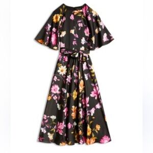 Ted Baker Black Floral Midi Dress with Pink & Yellow Flowers size 5 US size 12